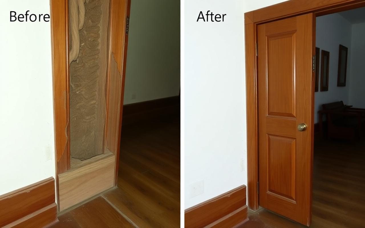 Before and after termite treatment on a wooden door frame in a Bangalore home