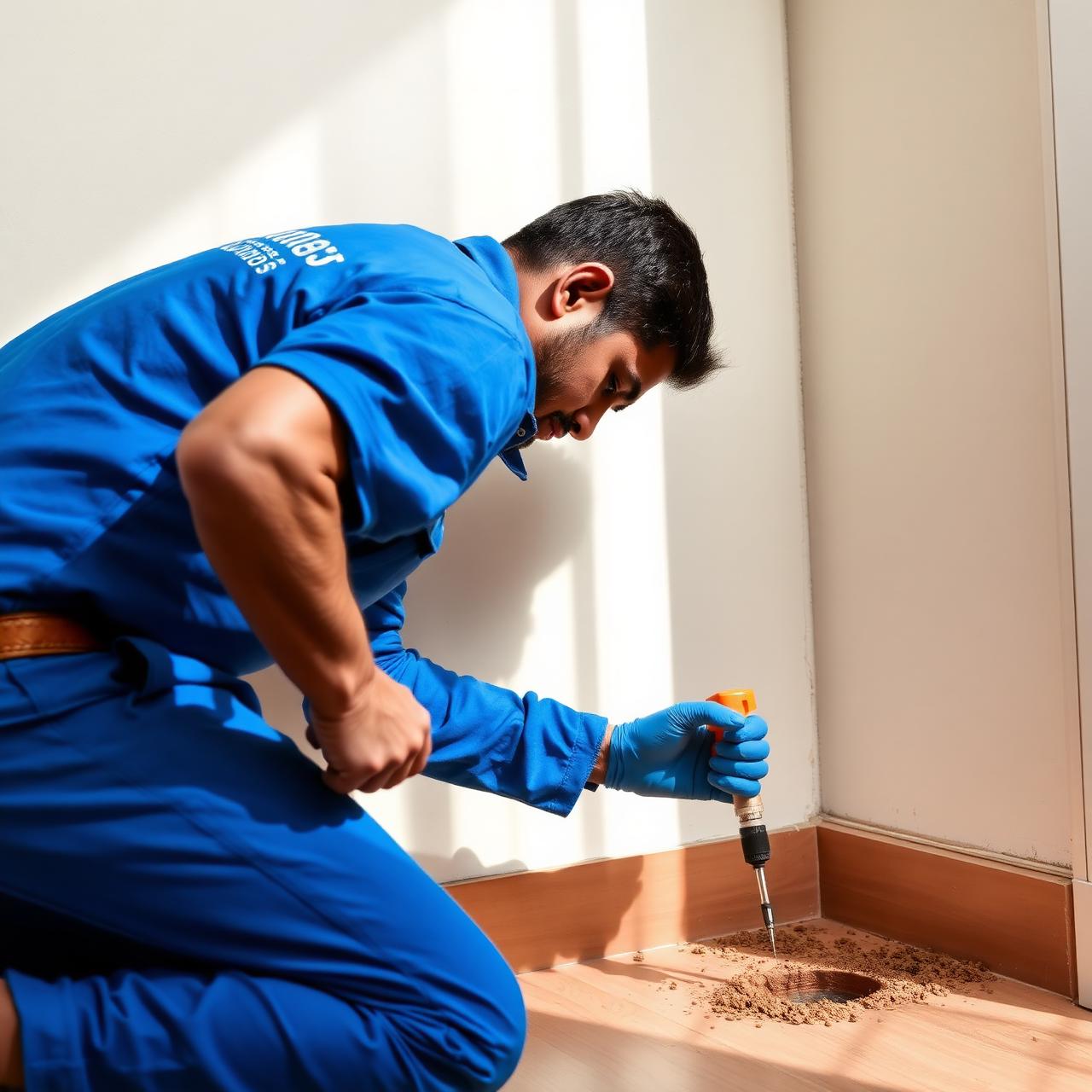 Pest Squad technician performing anti-termite drill and injection treatment in a Bangalore home
